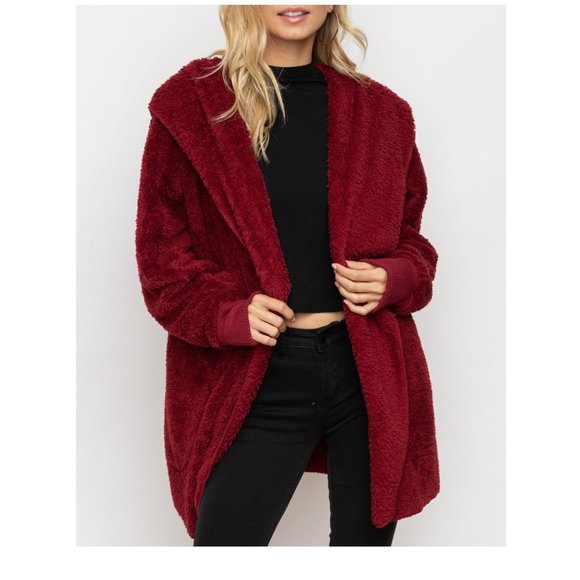 Thirsty Pretzel Jackets & Blazers - Hooded Teddy Fleece Cardigan In Merlot Red